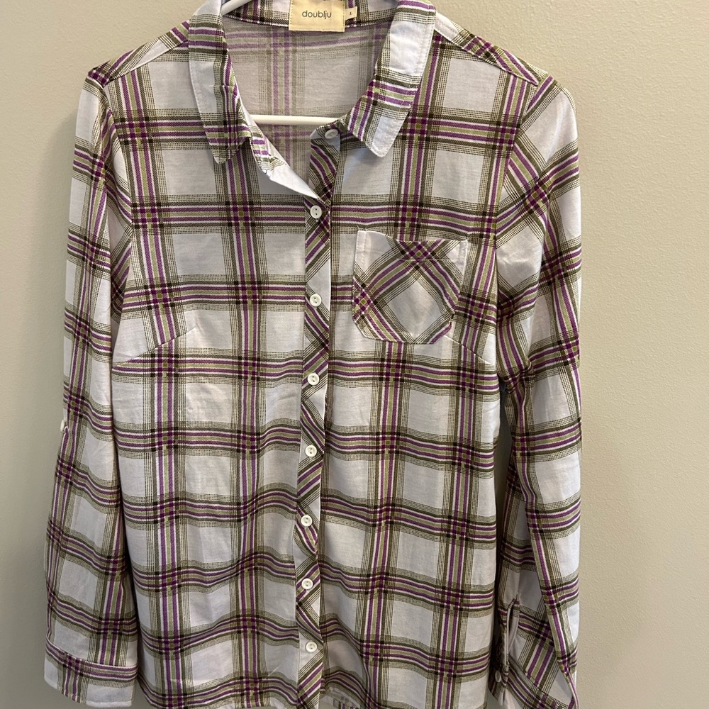 Doublju White Shirt with Olive & Purple Plaid